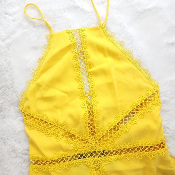 NBD Revolve Chels Halter Lace-Up Back Mini Dress Yellow Lattice Cutout S NWT - Picture 9 of 12